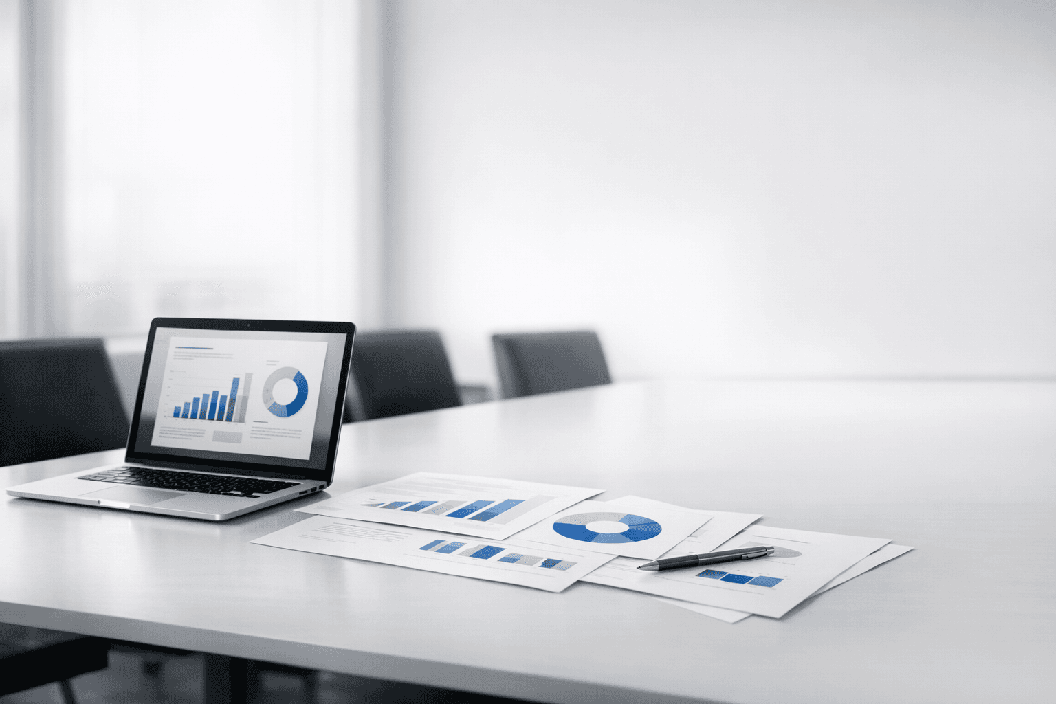 Minimal conference-table visual representing create, refine, and export presentation workflow