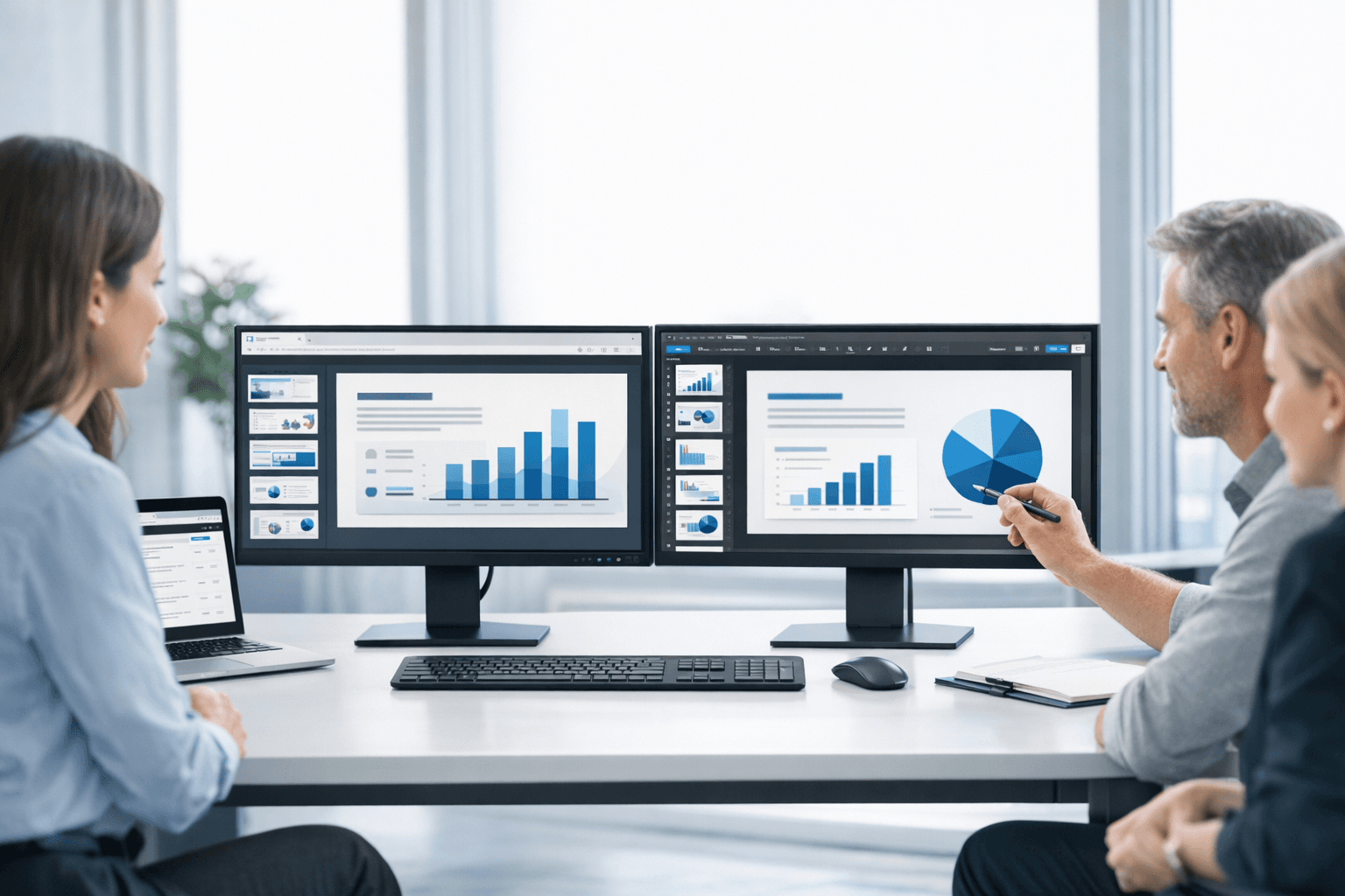 Focused business collaboration scene showing transition to an editable presentation workflow